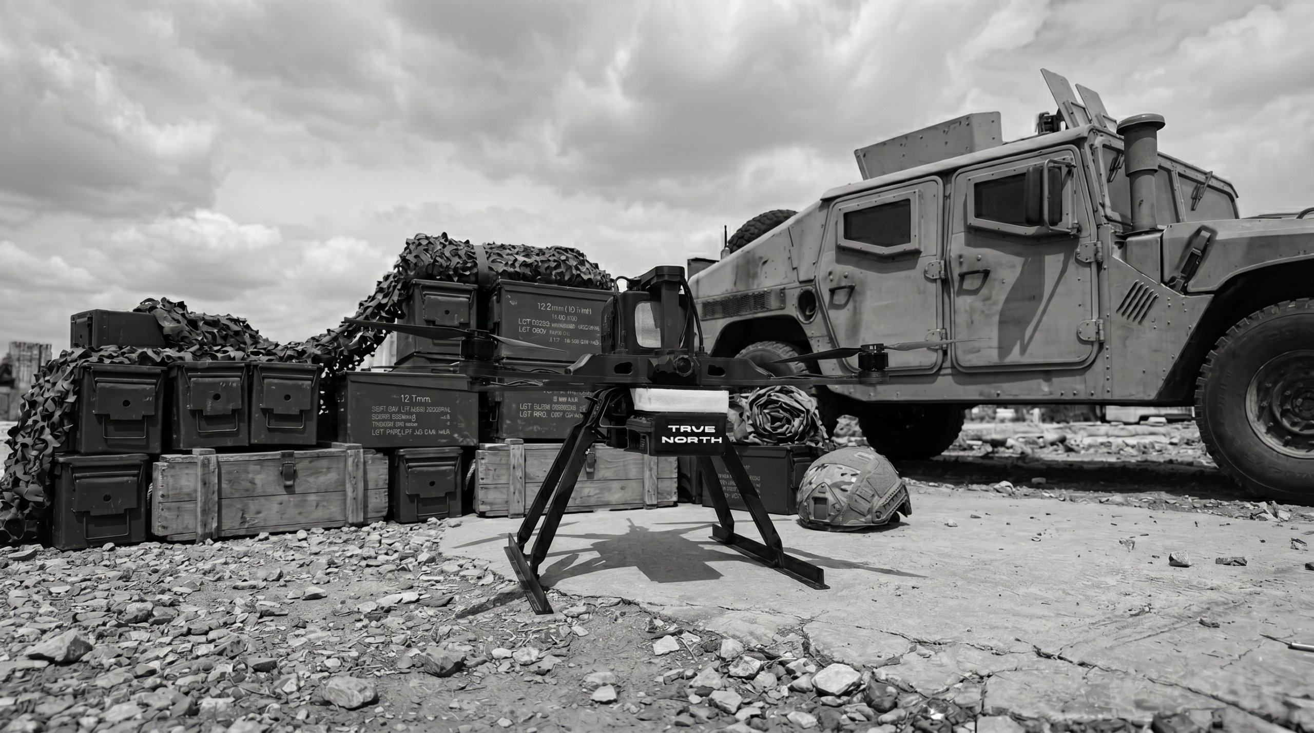 black and white drone with army truck